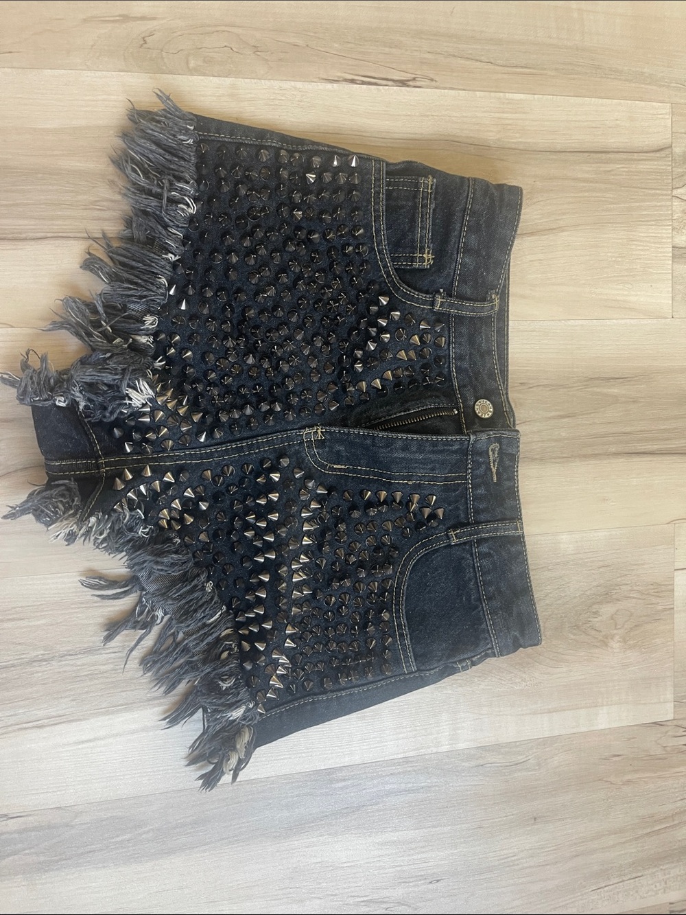 Black Distressed Studded Frayed Hem Denim Shorts